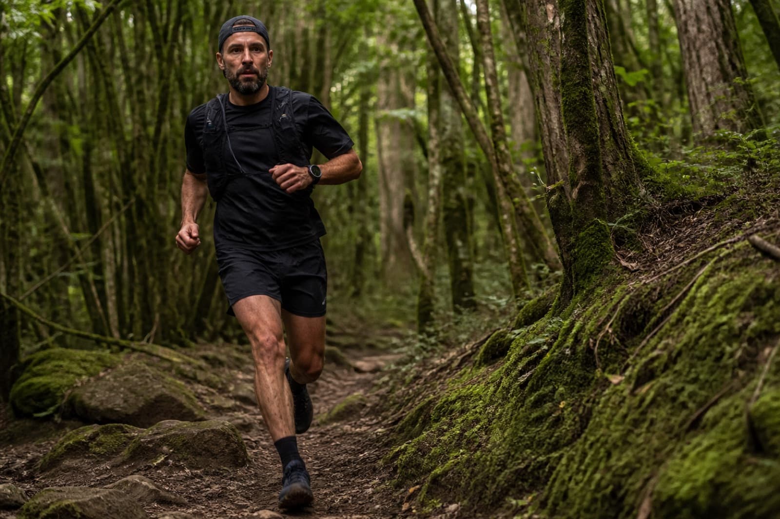 Trail runner under dense forest canopy with a GPS watch on their wrist