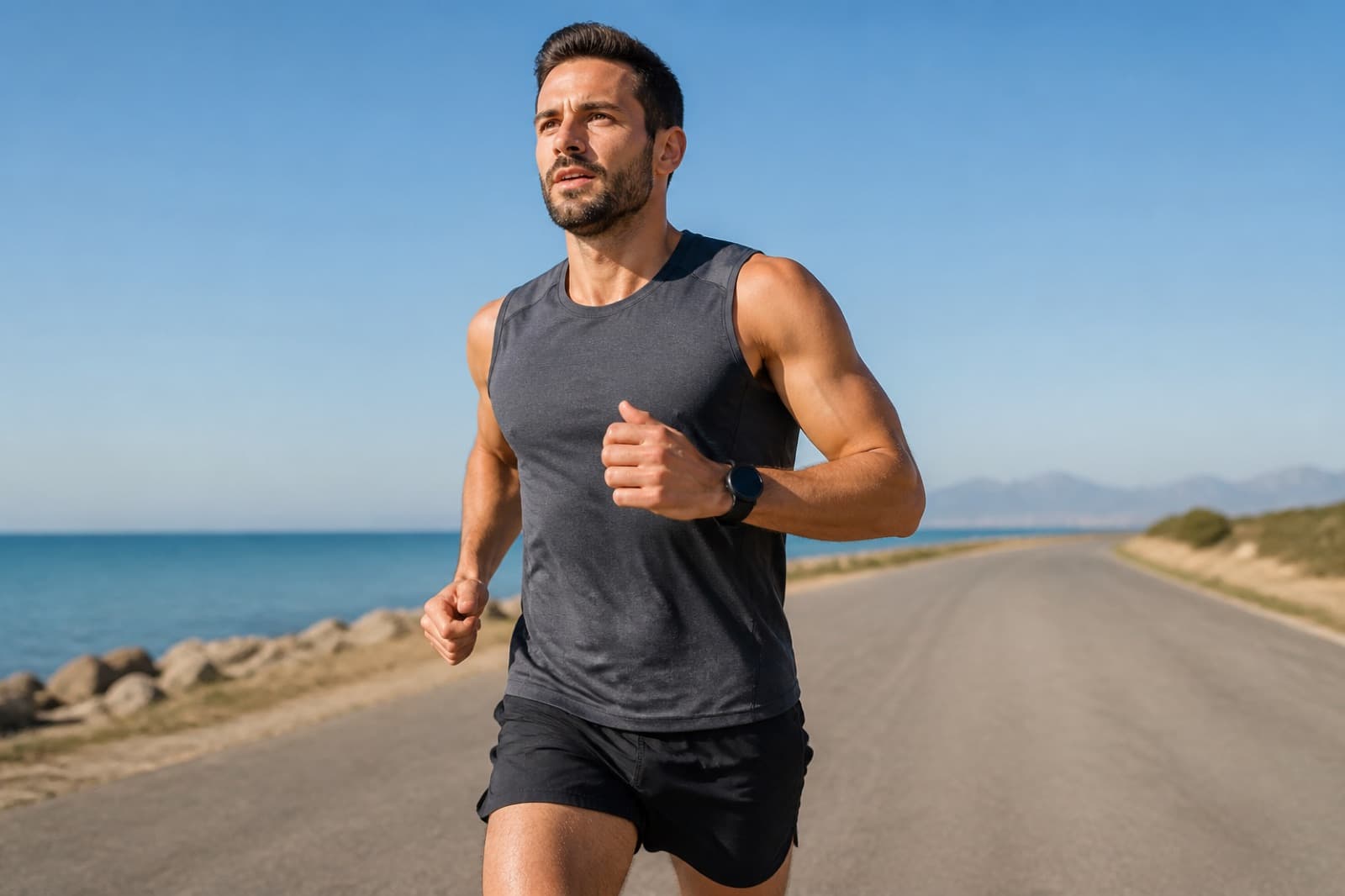 Runner on an open coastal path under clear sky with a GPS watch on their wrist