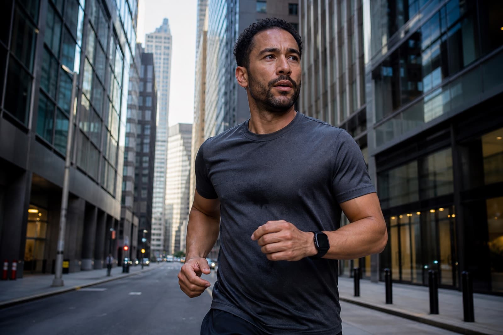 Runner in a city street between tall buildings wearing a GPS running watch