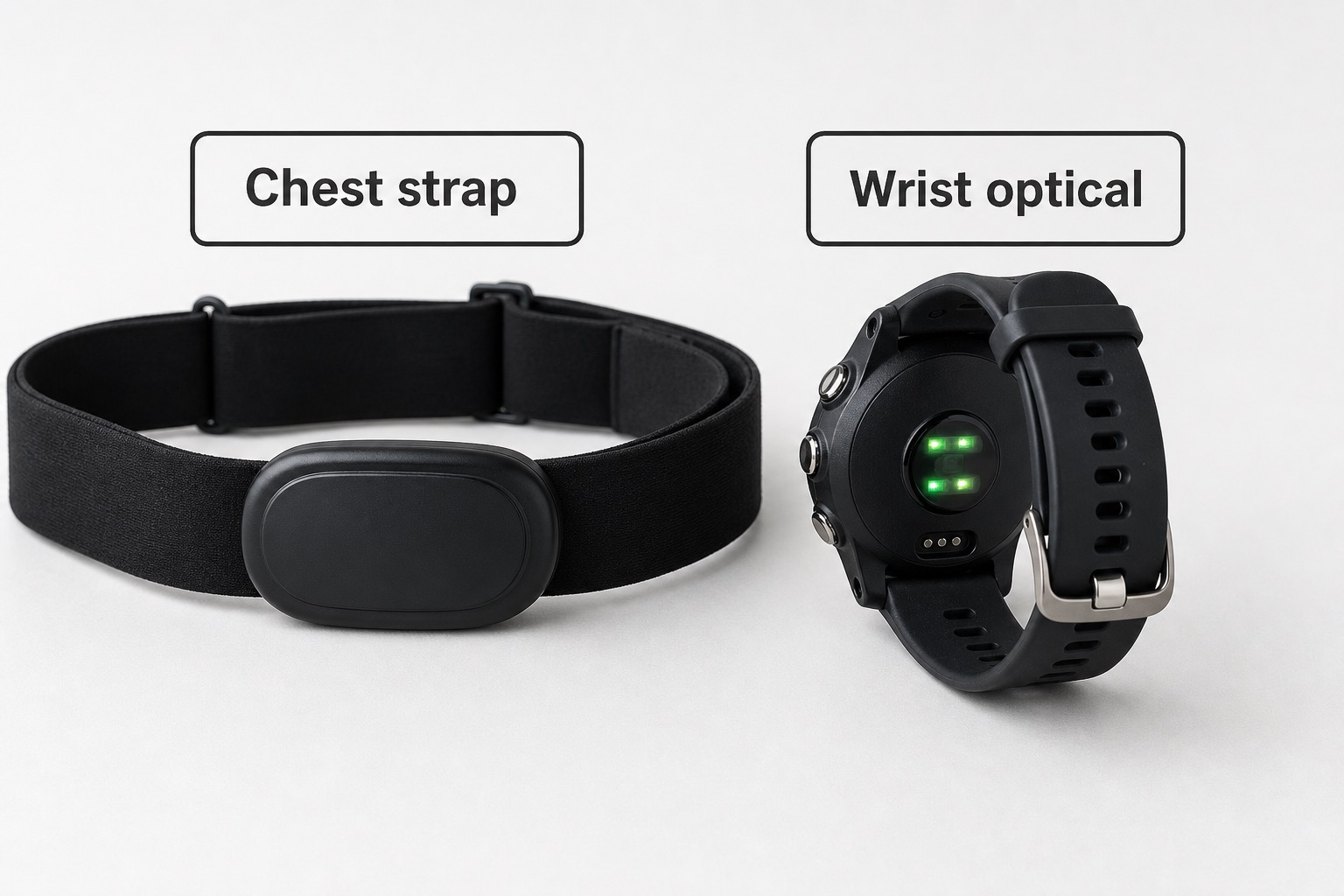 Chest-strap heart rate monitor next to a wrist optical heart rate watch