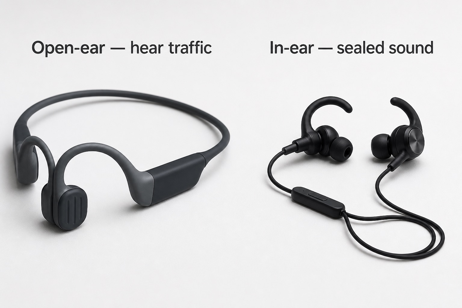 Open-ear headphones next to sealed in-ear sport earbuds