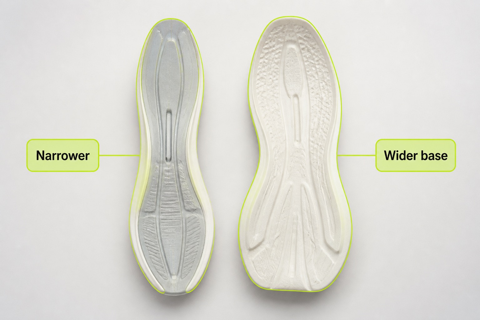 Overhead comparison of a narrower midsole platform and a wider base