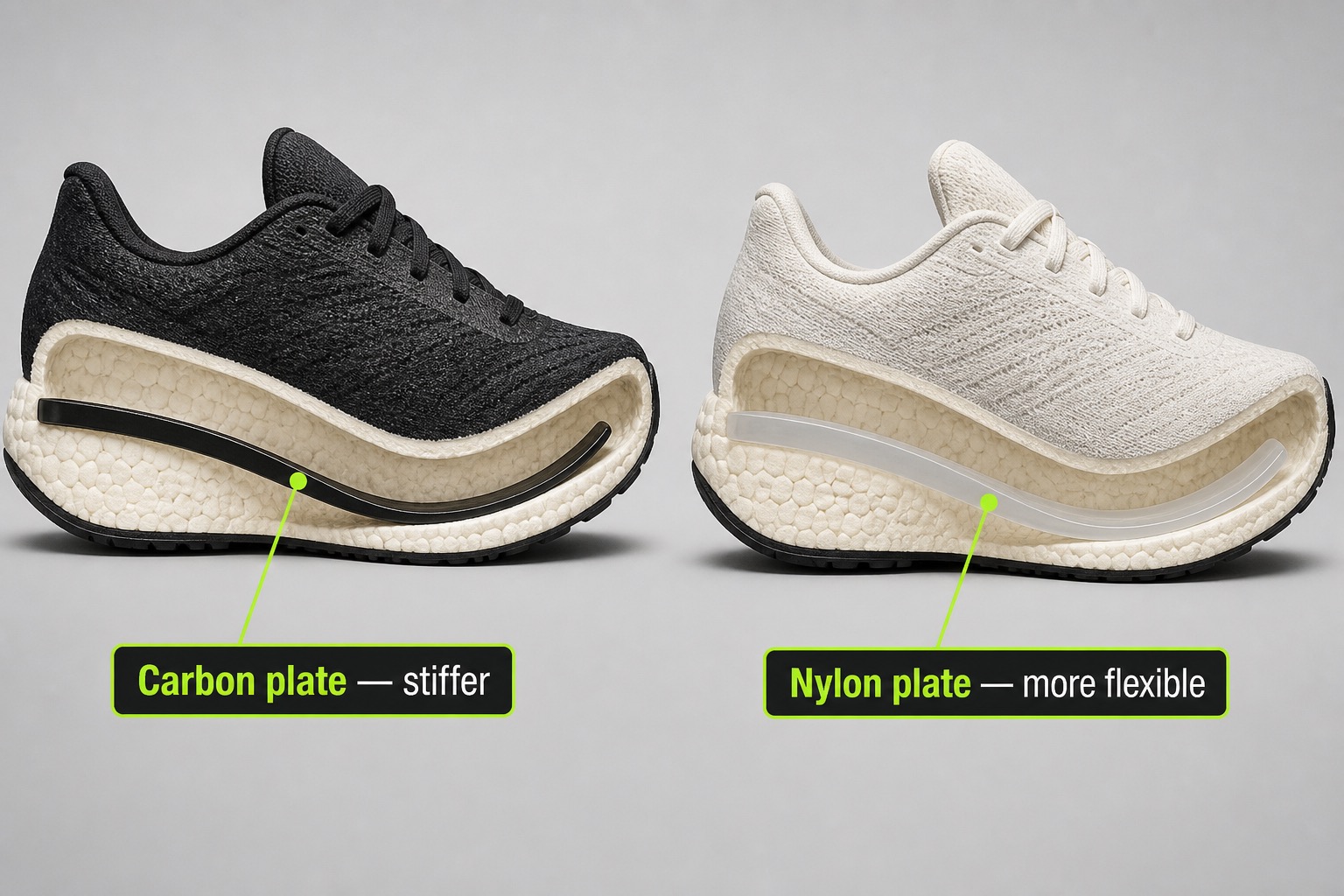 Cutaway comparison of a carbon-plated racing shoe and a nylon-plated shoe