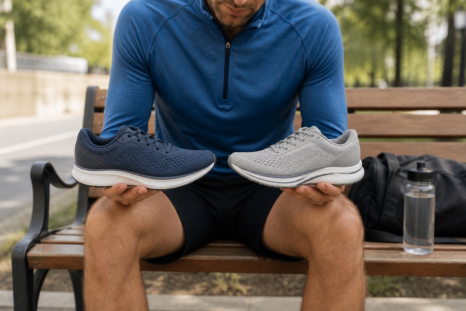 Runner comparing two running shoes side by side