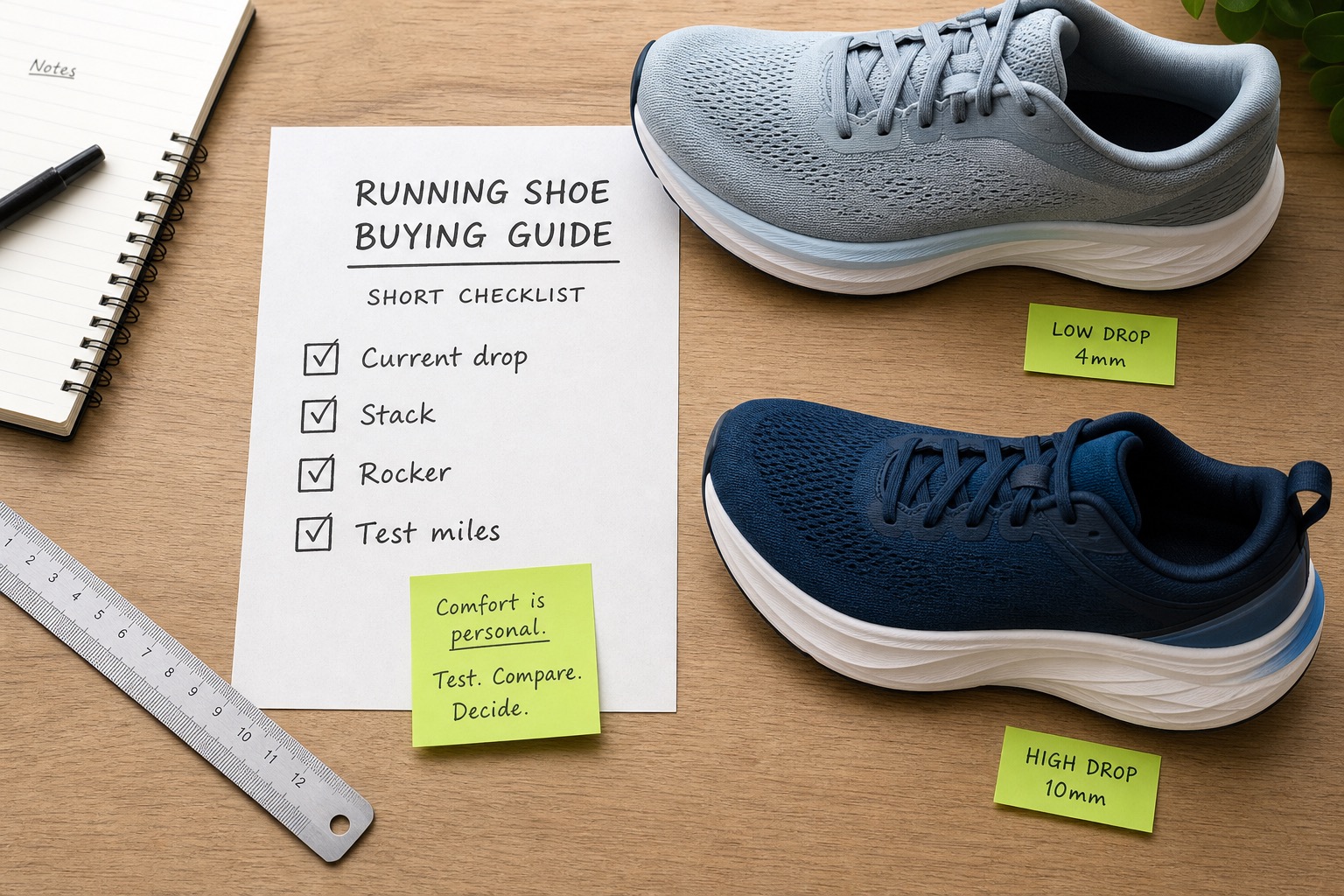 Checklist beside two running shoes for deciding drop and geometry