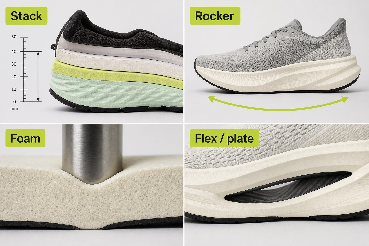 Four-panel diagram of stack, rocker, foam and plate factors that change drop feel