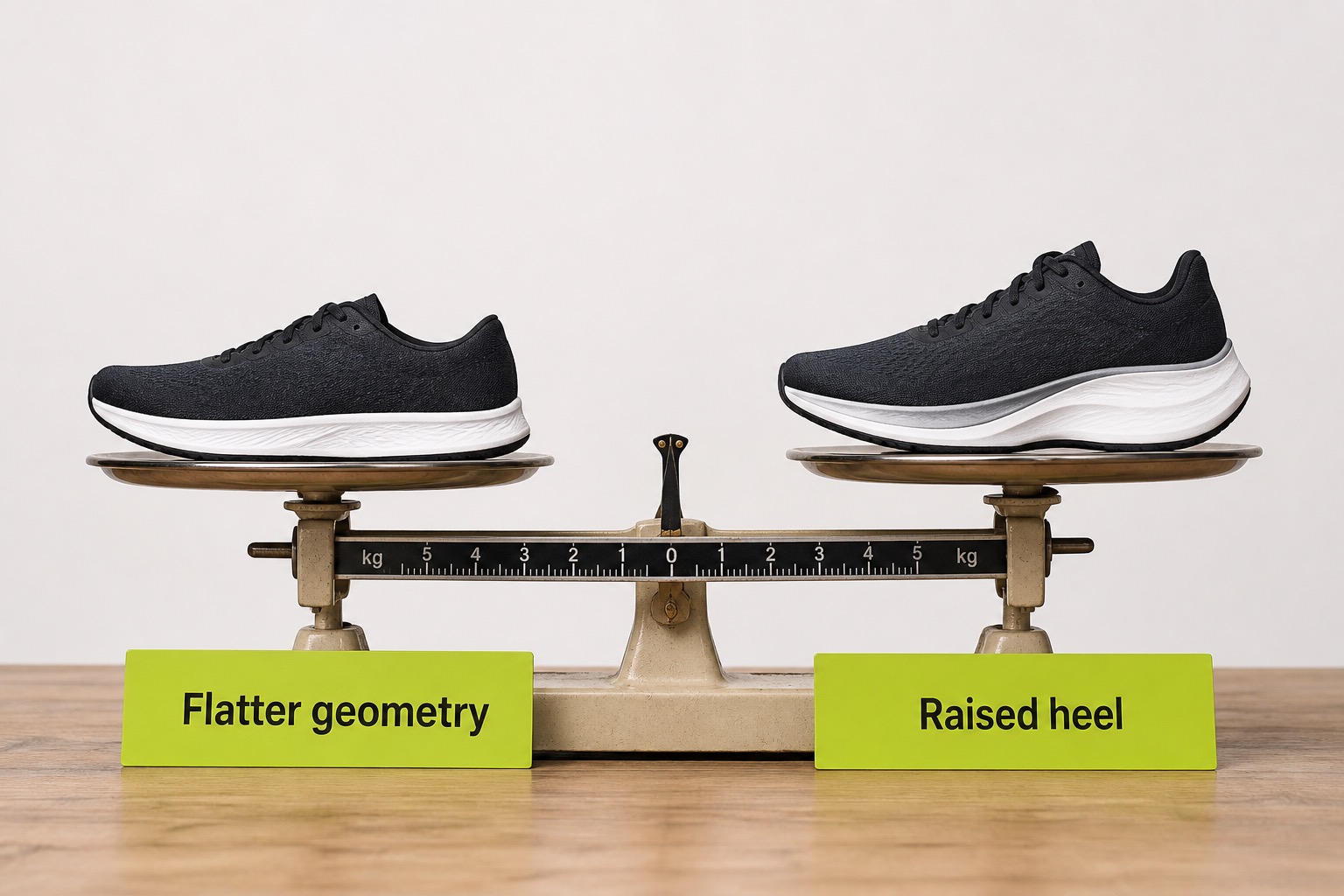 Balance scale comparing flatter zero-drop geometry with a raised-heel shoe