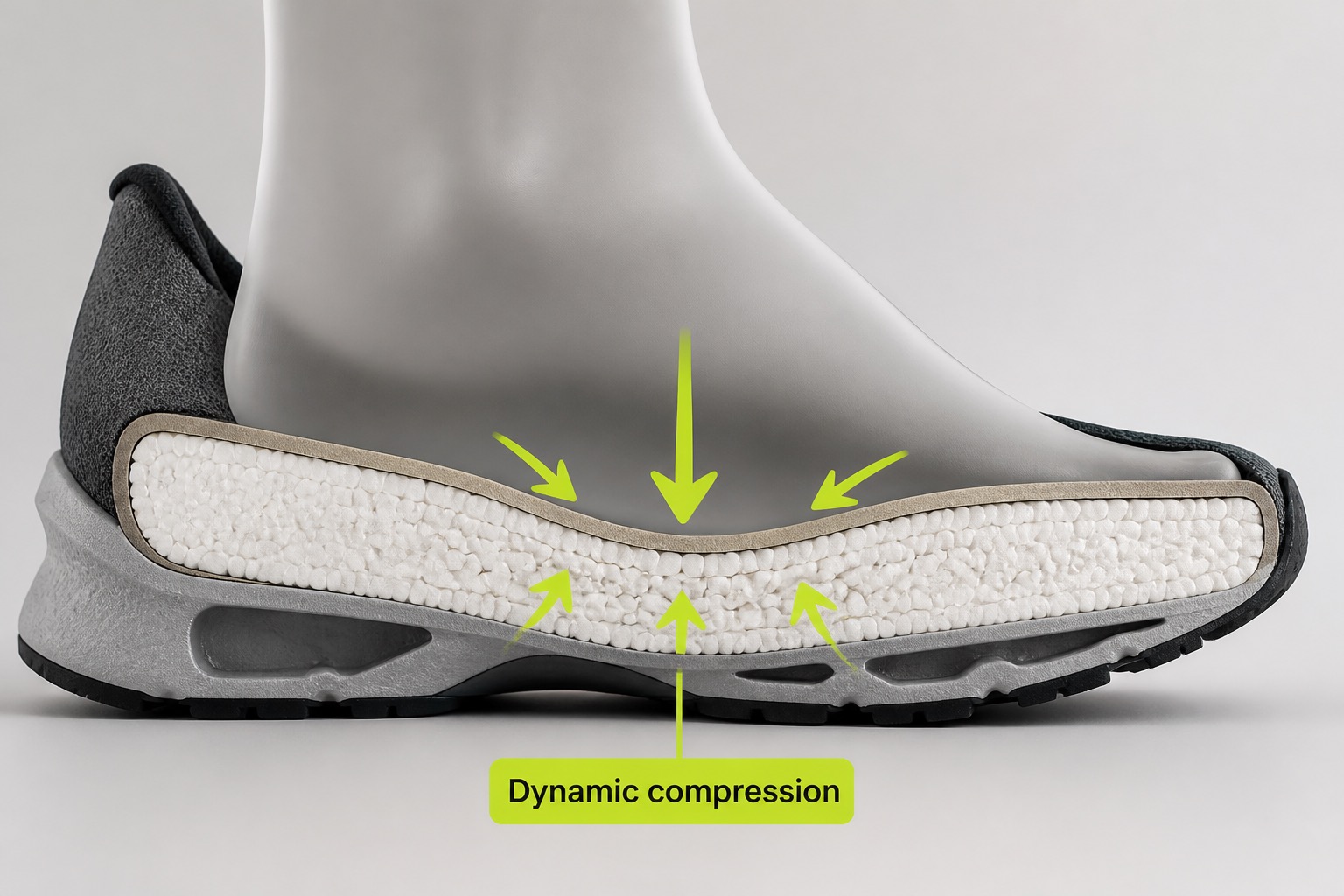Running shoe midsole compressing under load to show dynamic foam behaviour