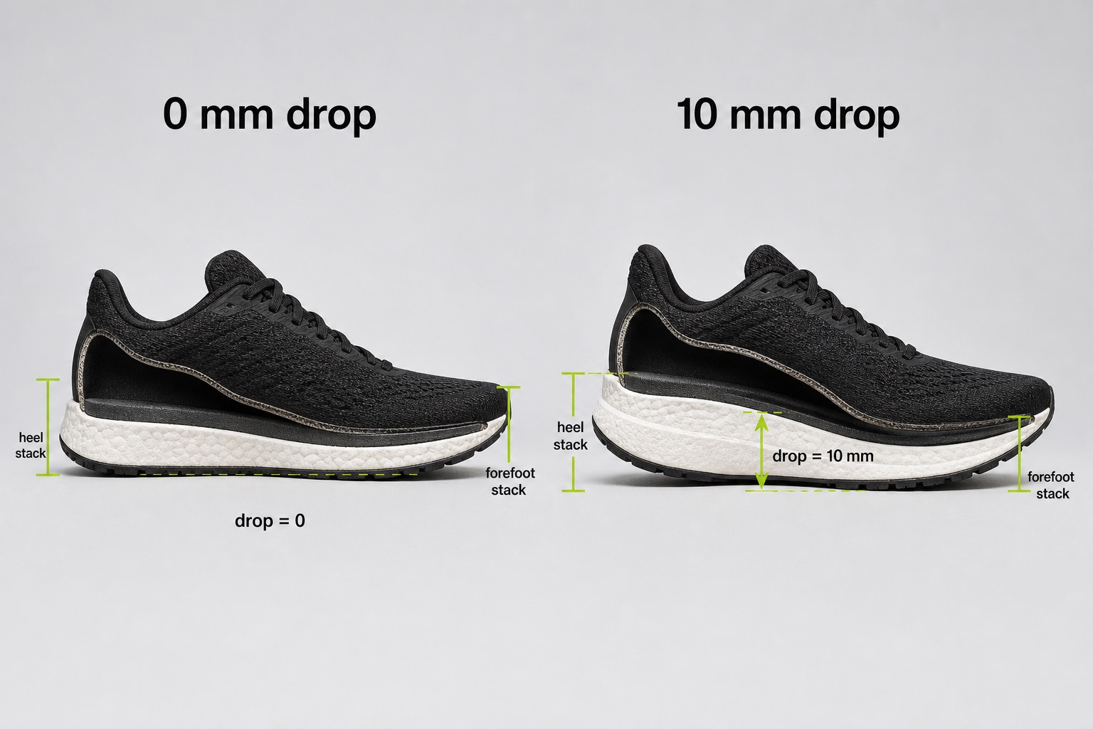 Side-profile comparison of a zero-drop running shoe and a 10 mm drop shoe with stack and drop labels