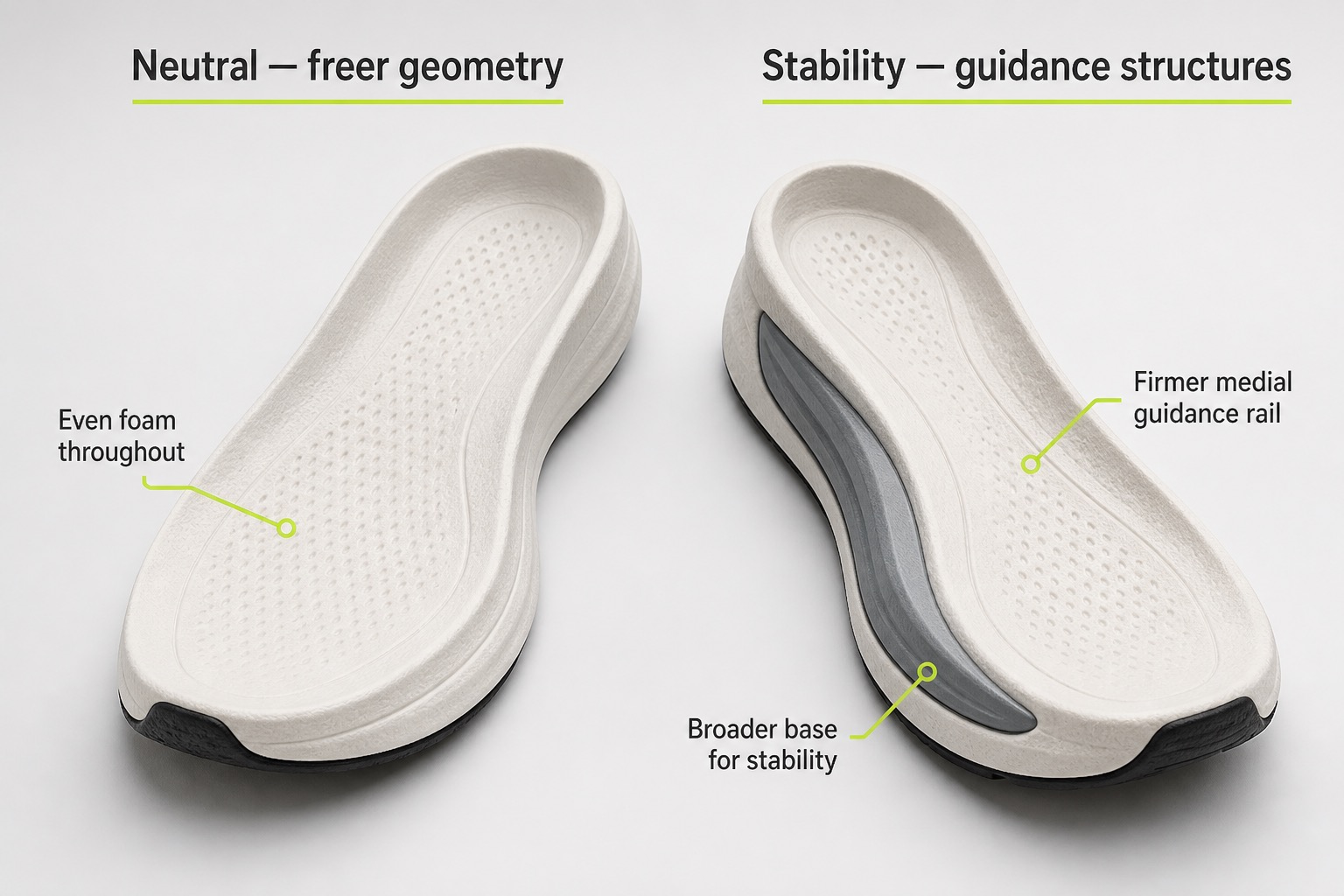 Comparison of a neutral midsole platform and a stability midsole with guidance structures