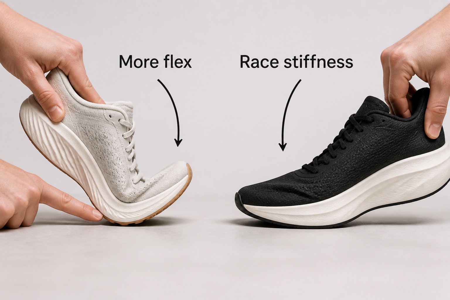 Flexible nylon-plated trainer compared with a stiffer race shoe