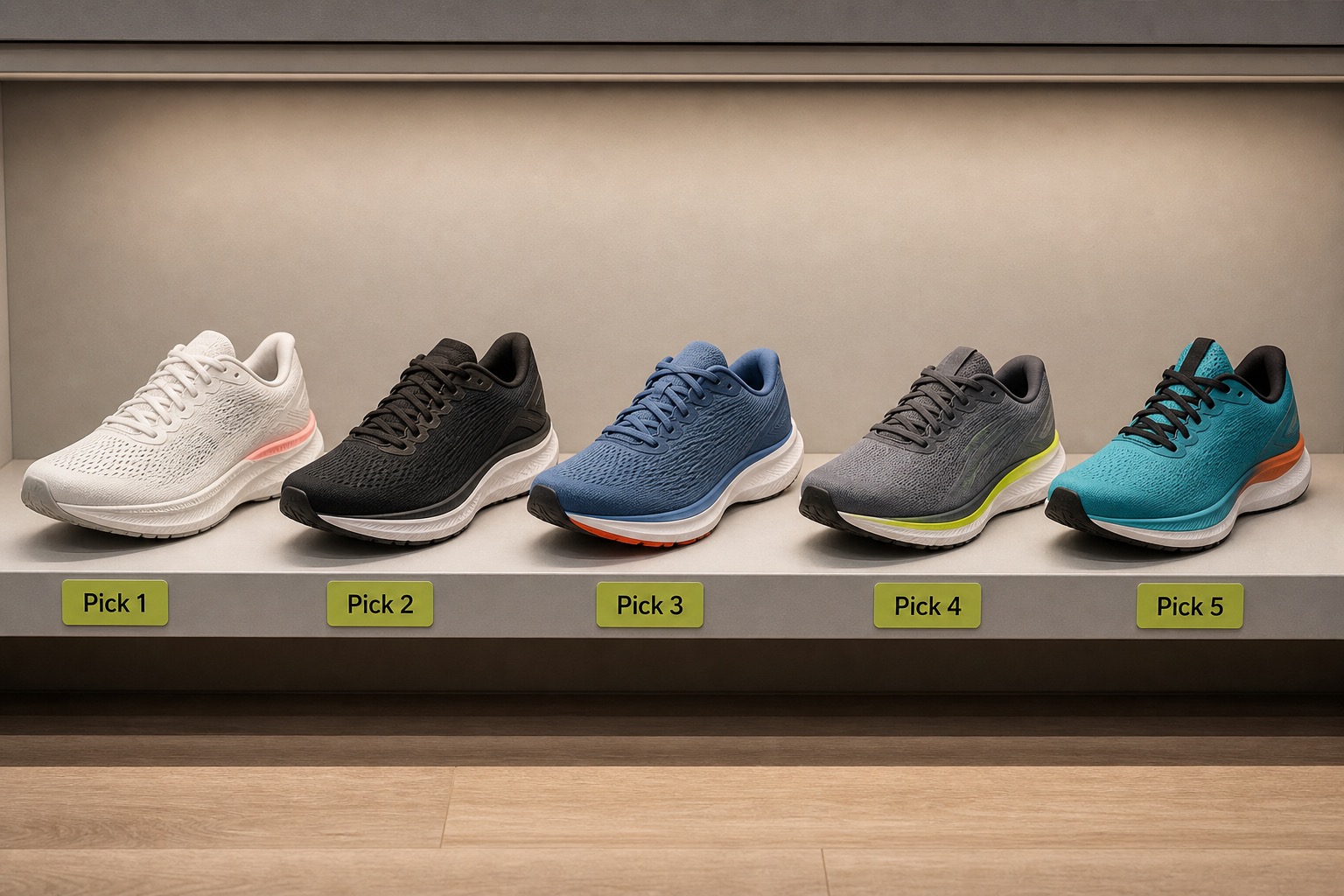 Shortlist of running shoes tagged as picks on a shelf