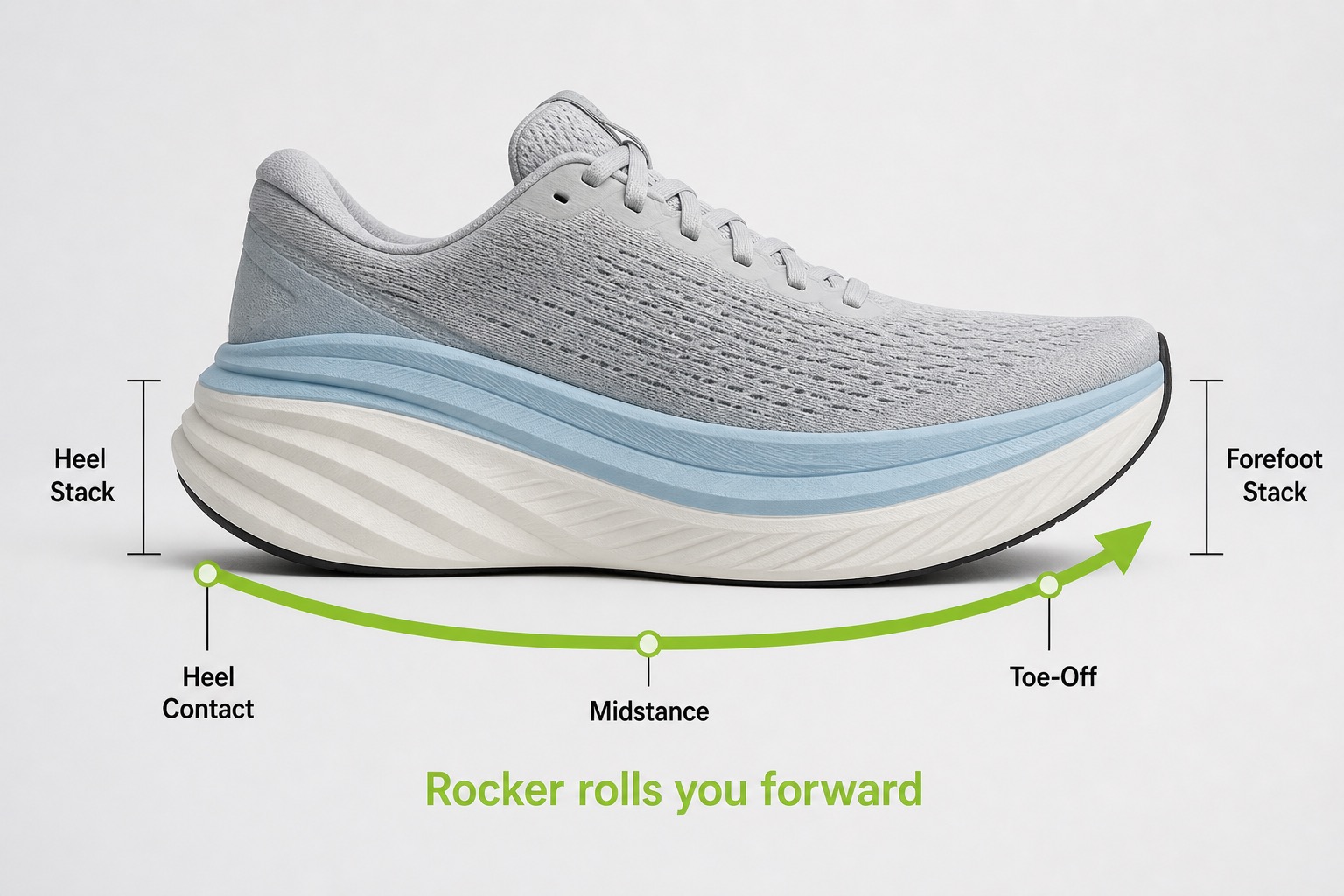 Side profile of a rockered running shoe with an arrow showing forward roll through stance
