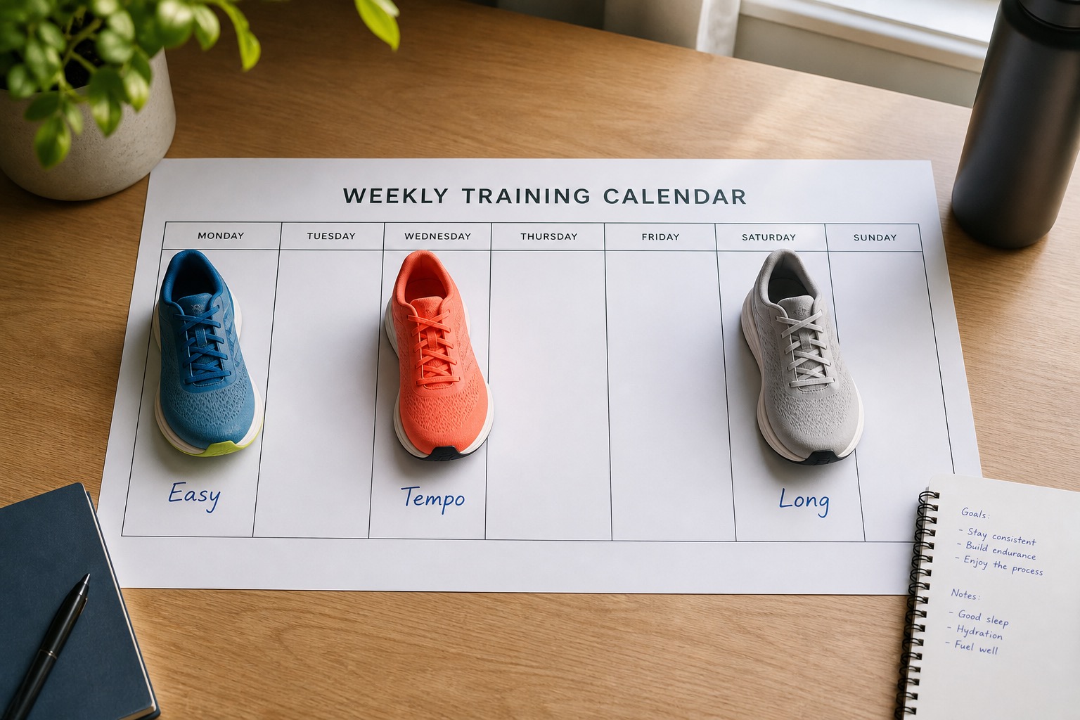 Weekly training plan with different shoes assigned to easy, tempo and long sessions