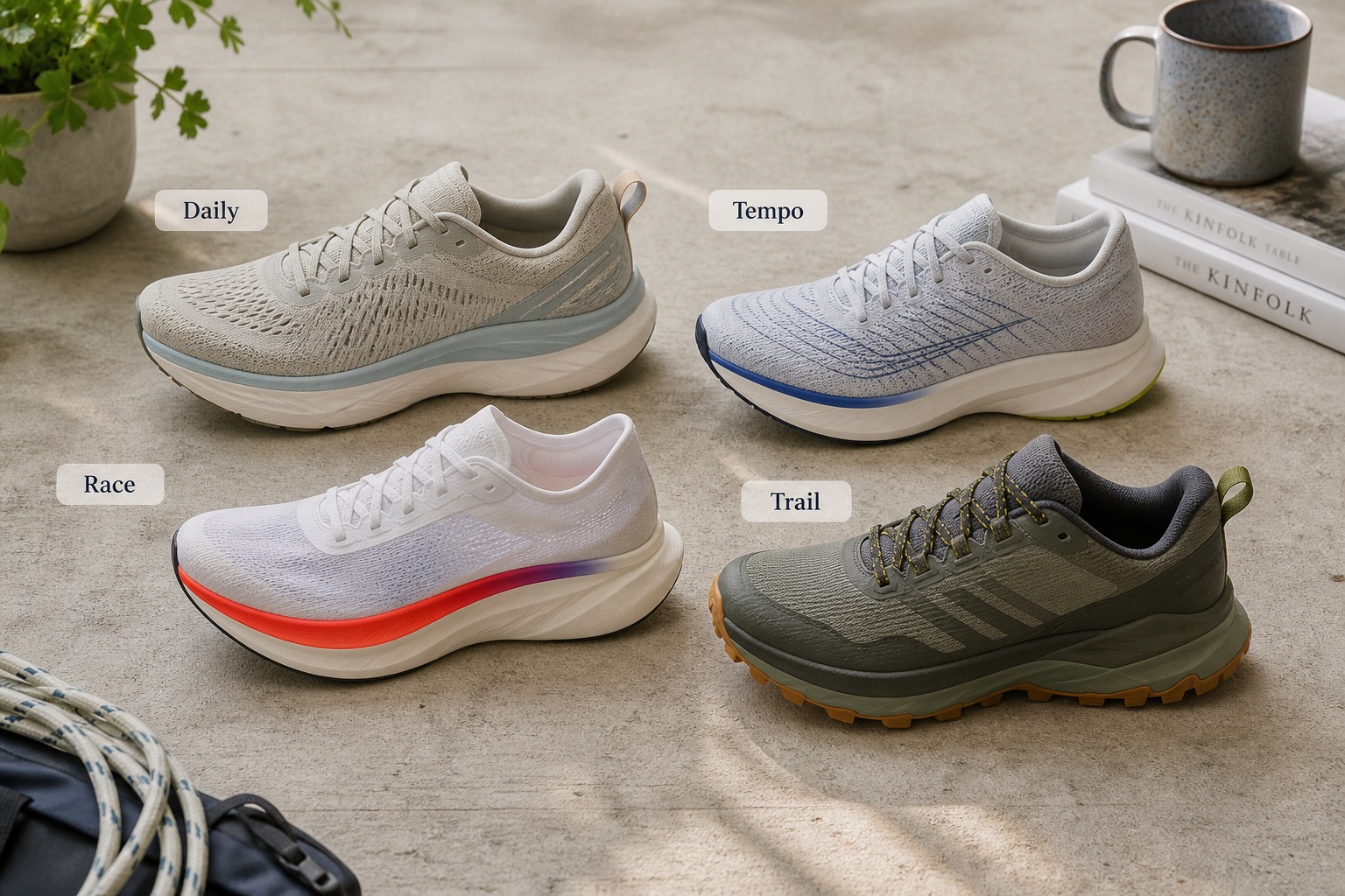 Flat lay of a shoe rotation with daily, tempo, race and trail pairs