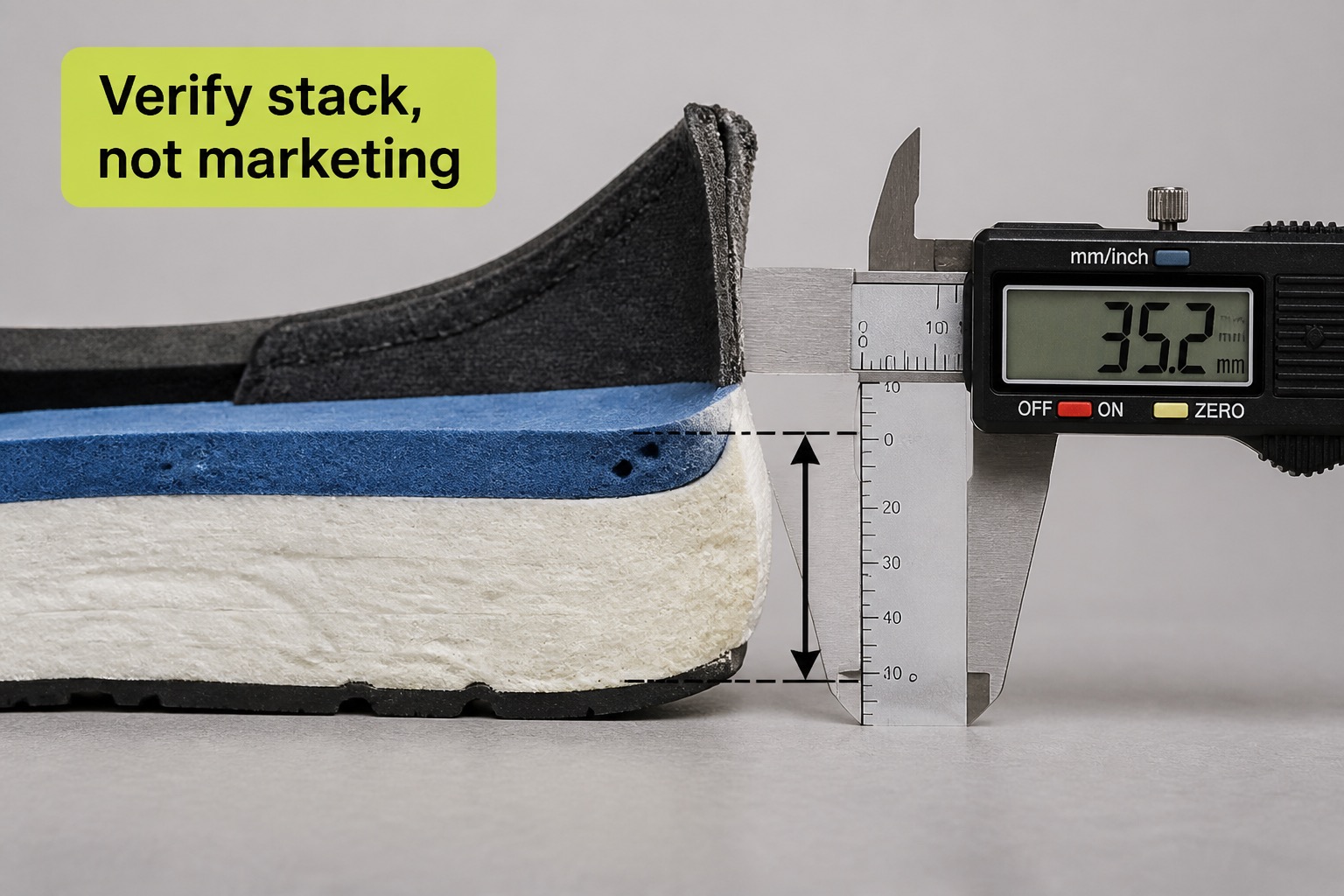 Measuring heel stack height on a running shoe midsole cutaway