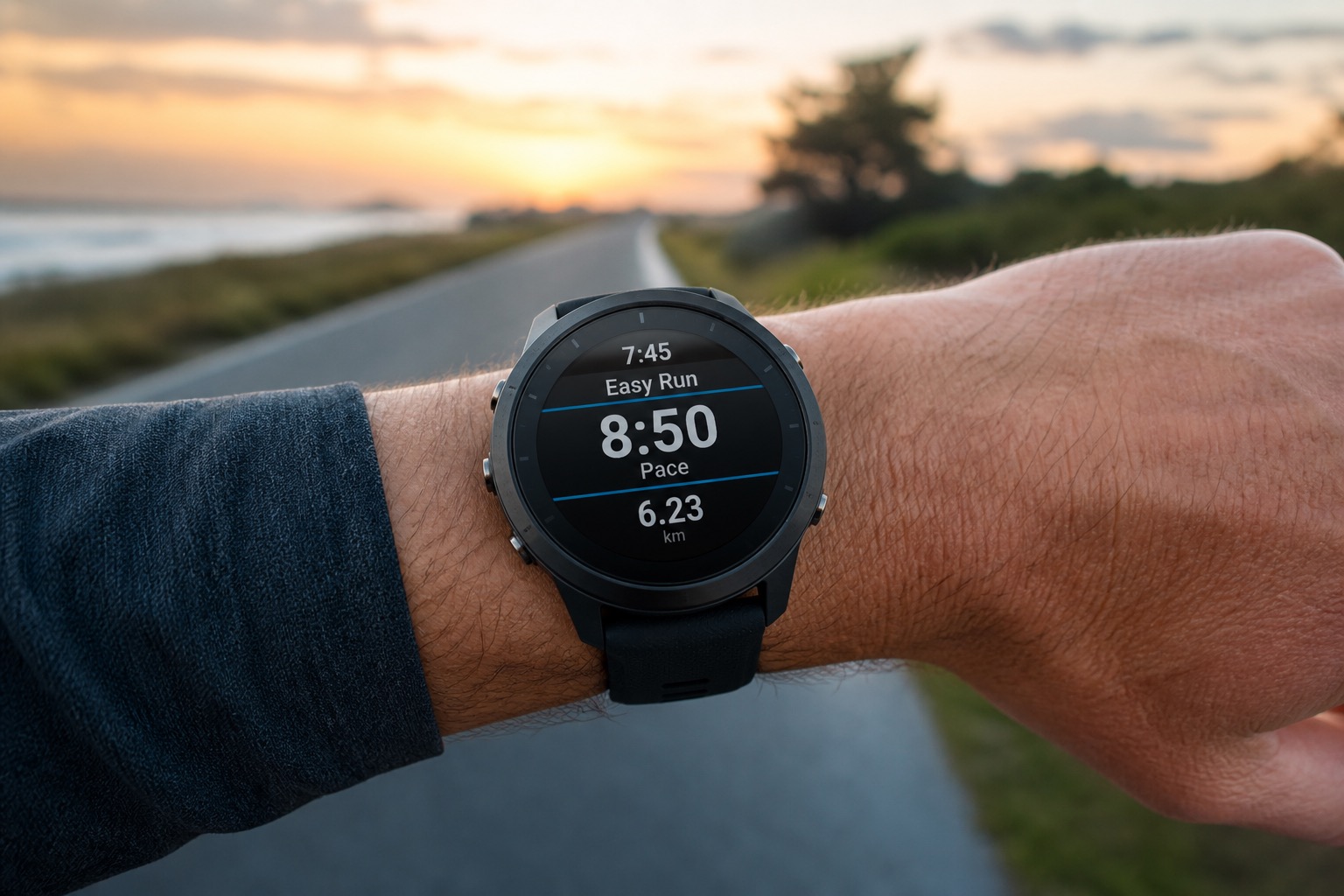 GPS running watch on a runner’s wrist during a road run